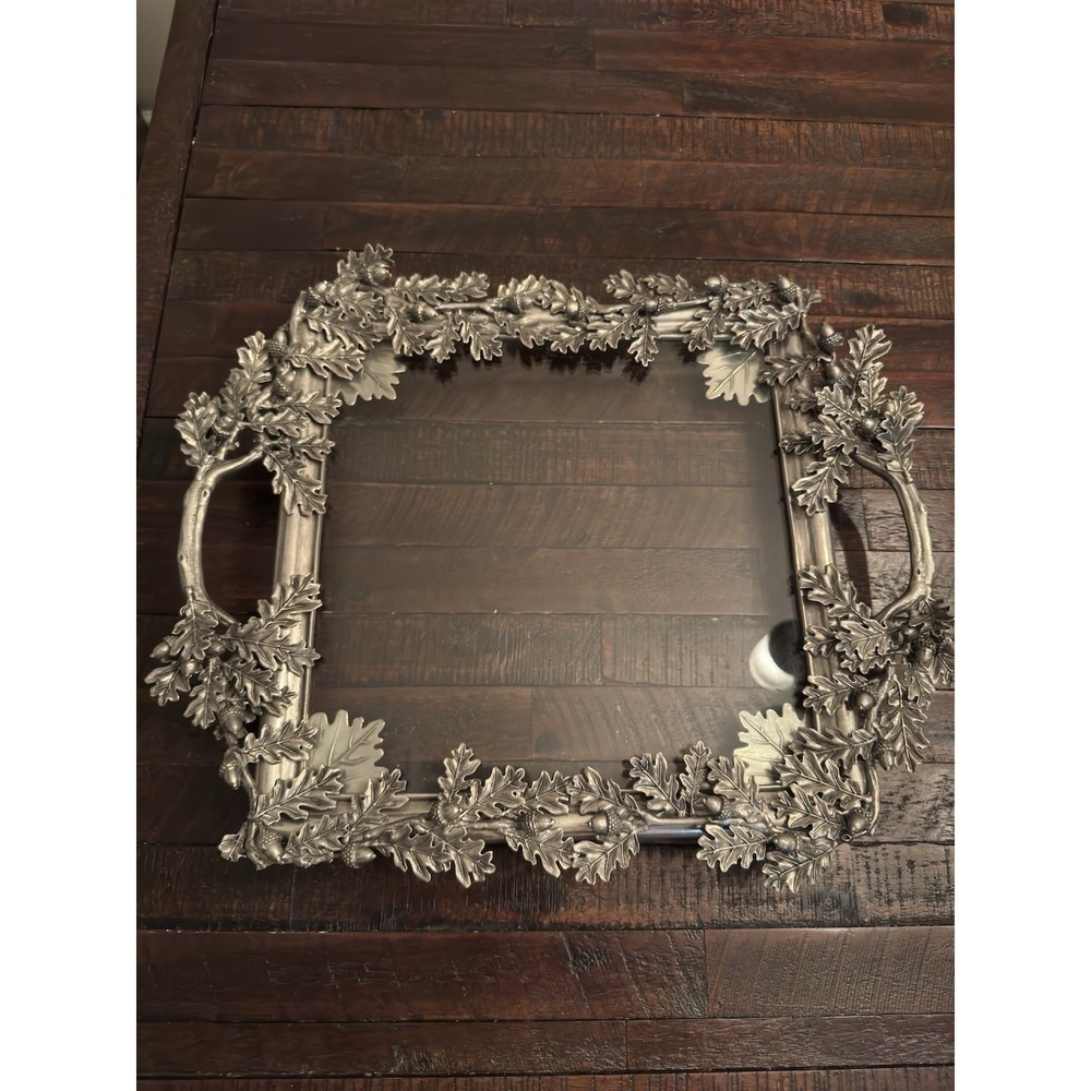 Vagabond House handcrafted pewter oak and acorn glass tray
